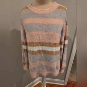 Pink Striped Multicolor Women's Eyelash Sweater